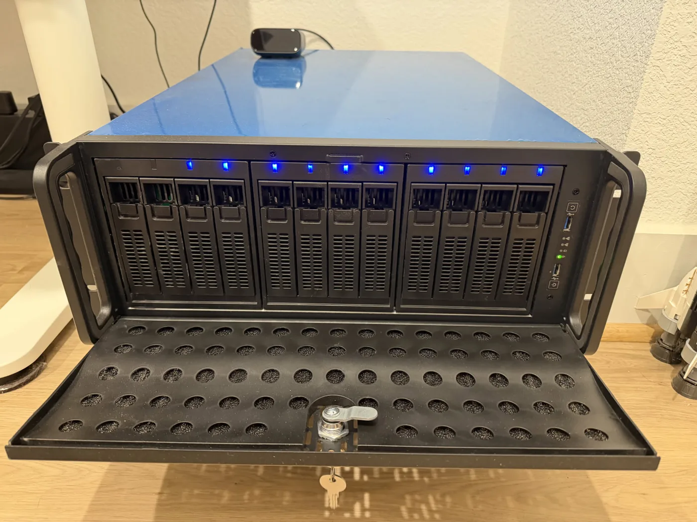 Matthew's rackmount media server, with its drive bays open